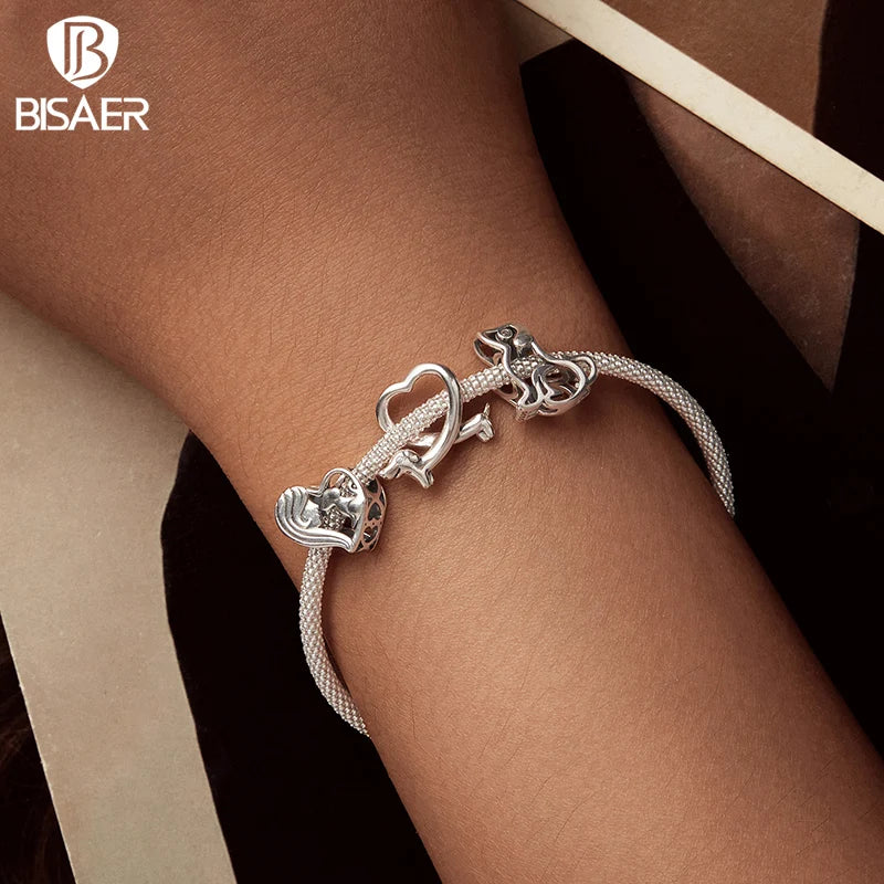 BISAER 925 Sterling Silver Pet Dog Charm Cute Cat Bead Hamster Elephant Animal Pendant For Women DIY Bracelet Fine Jewelry Gift