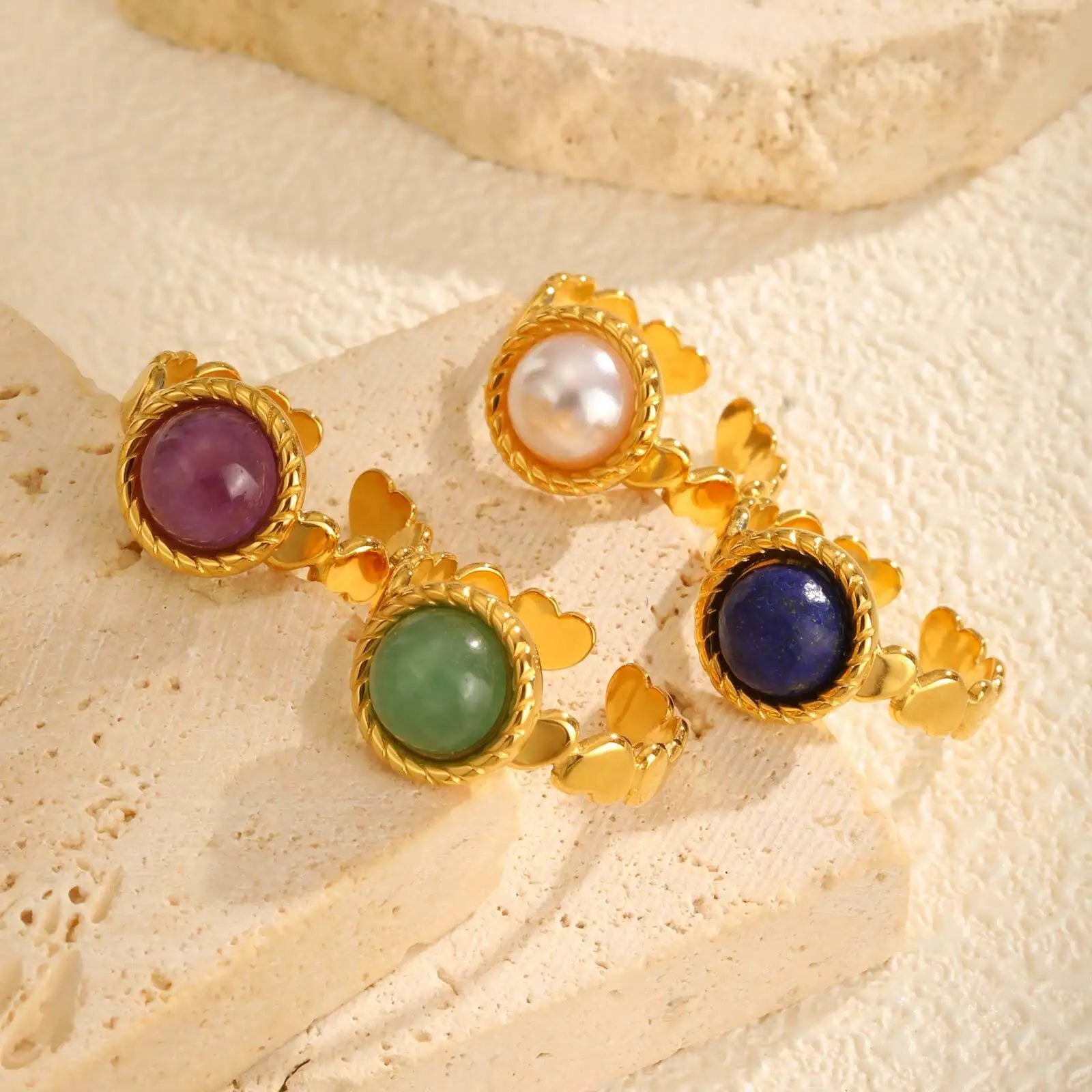 Vnox Vintage Luxury Geometric Open Rings,Natural Stone Stainless Steel Charm Jewelry For Women,Fashion Rings Finger Accessories