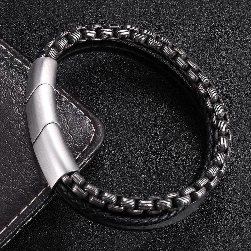 MKENDN Locomotive Men Punk Rock Oxidized Stainless Steel Round Box Chain Leather Cord Bracelet Chain Accessory Male Gifts