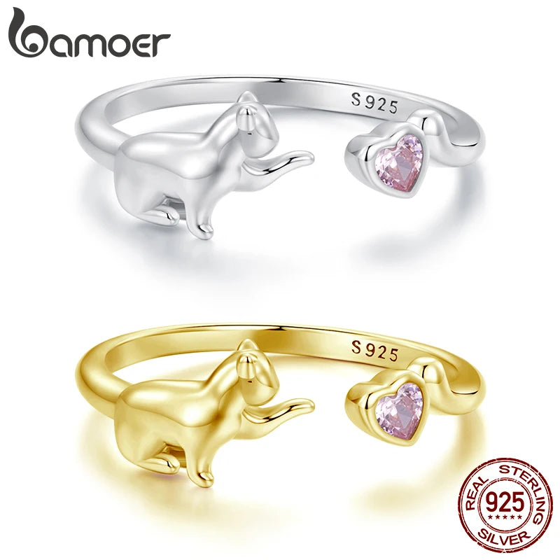 BAMOER 925 Sterling Silver Cute Cat Open Ring for Women, Lovely Animals Pink CZ Heart Ring for Pet Lover Family Jewelry Gift