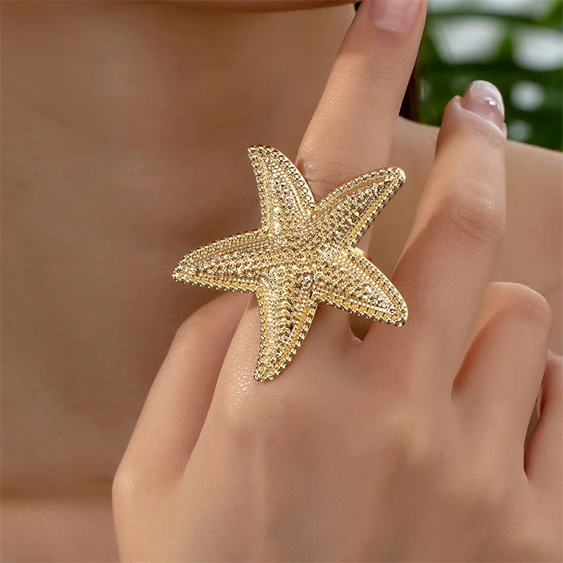 Bohemian Starfish Shaped Open Ring for Women Sea Beach Gold Color Starfish Finger Rings Girl Summer Vacation Party Charm Jewelry