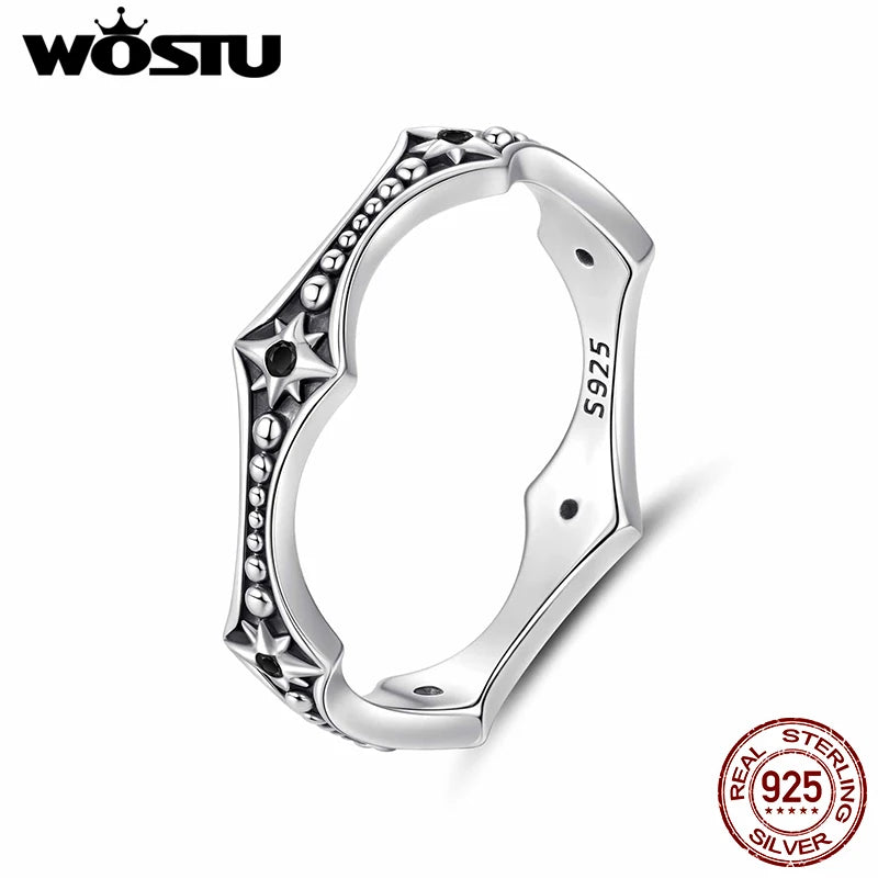 WOSTU 925 Sterling Silver Vintage Start Beaded Ring With Black Zircon, Black Unique Gothic Wavy Rings Jewelry Punk Gift