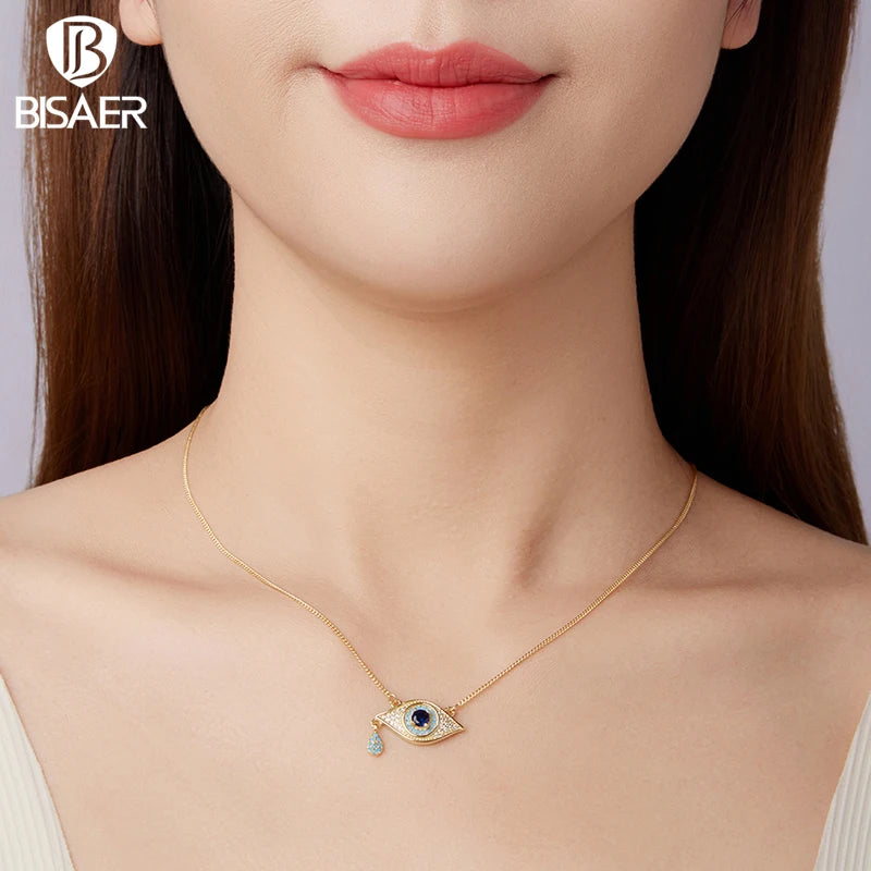 BISAER 925 Sterling Silver Devil's Eye Necklace Pendant Zircon Dainty Trend Adjustable Chain for Lucky Women Fine Jewelry Gift