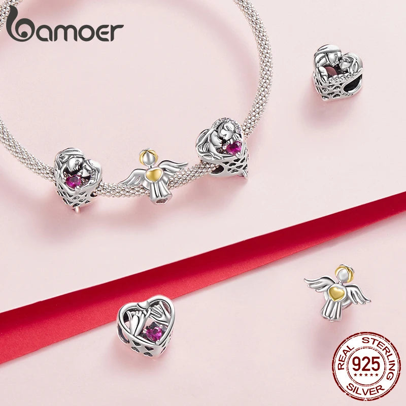 BAMOER 2025 Family Series 925 Sterling Silver Sister Mother Charm fit Original Bracelet DIY Jewelry Accessories Heart Beads