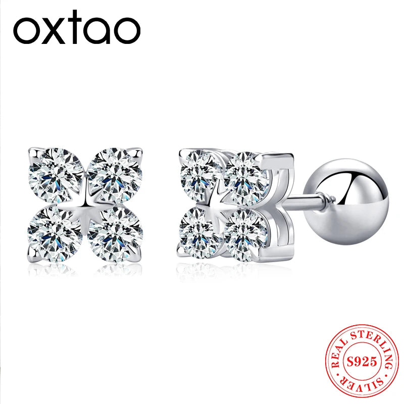 OXTAO D Color 3.0mm Moissanite Stud Earring Ladies 925 Sterling Silver Daily Wear Fashion Four Leaf Clover Earrings Jewelry Gift