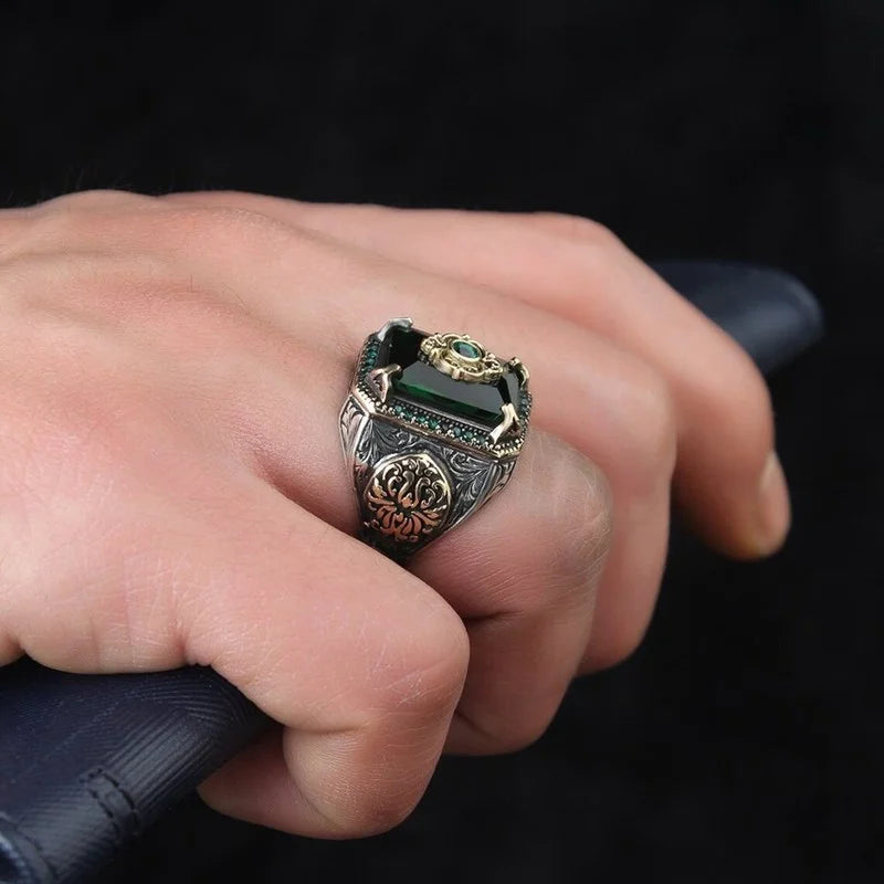 Retro Handmade Turkish Signet Ring with Green Zircon Stone
