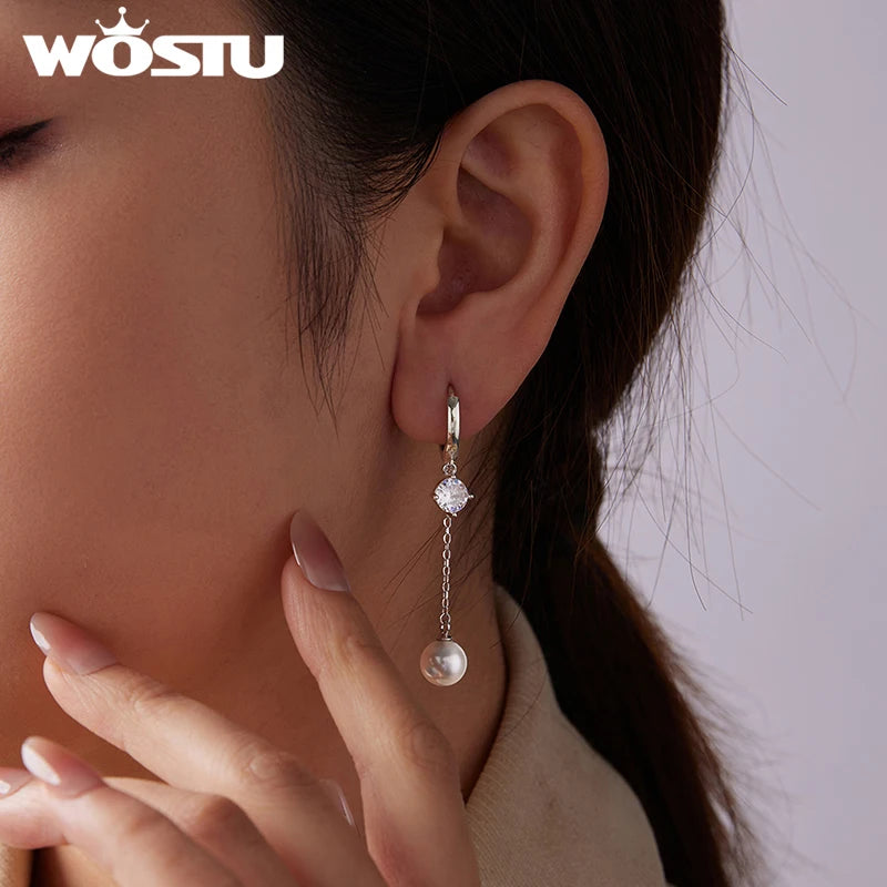 WOSTU 925 Sterling Silver Pearl Zircon Hoop Earrings For Women, 53mm Long Drop Dangle Earring Wedding Party Earrings Gift