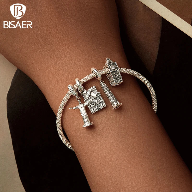 BISAER 925 Sterling Silver World Famous Building Style Charms Beads Eiffel Tower Big Ben Pendant Fit Bracelets DIY Fine Jewelry