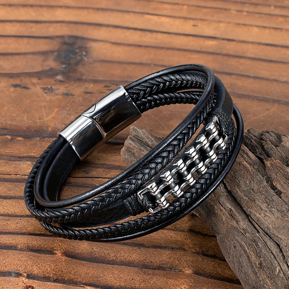 MKENDN Locomotive Men Motorcycle Bracelet Woven Multilayer Braided Leather Bracelets For Women Retro Stainless Steel Jewelry