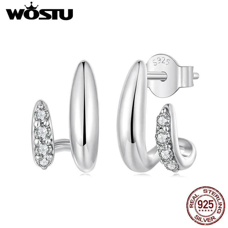 WOSTU Solid 925 Sterling Silver Unique Geometric Double-Layer Stud Earrings, Wedding Engagement Hoop Earring Party Gift