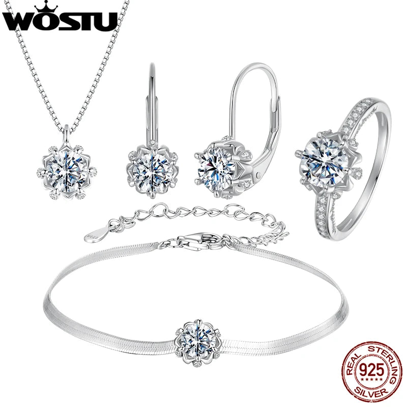 WOSTU Moissanite Wedding Jewelry 4 Set For Women 925 Sterling Silver Romantic Flower Enegagement Necklace Bracelet Earring Ring