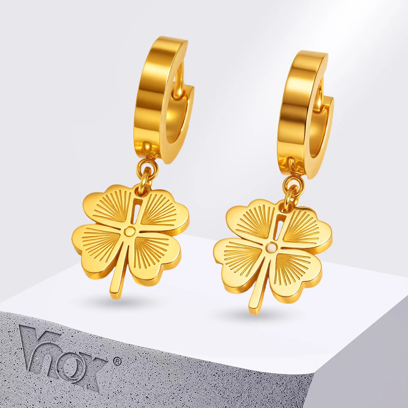 Vnox Lucky Four Leaf Clover Earrings For Women Simple Stainless Steel Gold Plated Cartilage Hoop Earrings Fashion Jewelry Gifts