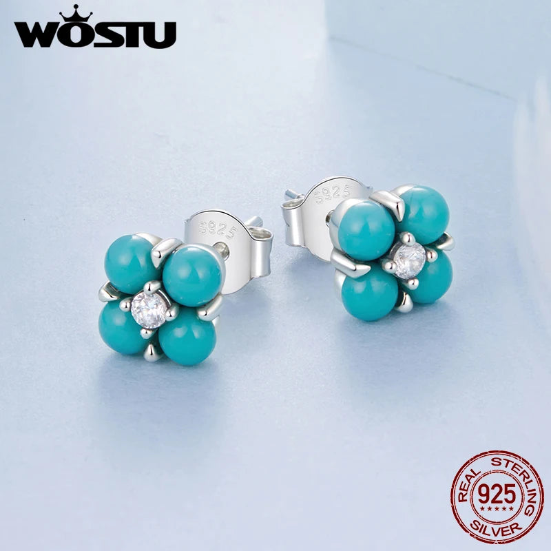 WOSTU 925 Sterling Silver Mini Turquoise Four Leaf Clover Stud Earrings For Women With Shiny Zircon Wedding Engagement Jewelry