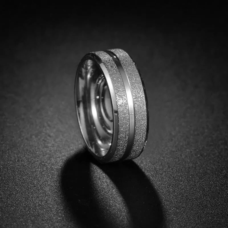 Trendy 8mm Men Frosted Stainless Steel Rings Silver Color Brushed Groove Beveled Edge Engagement Rings For Men Wedding Jewelry