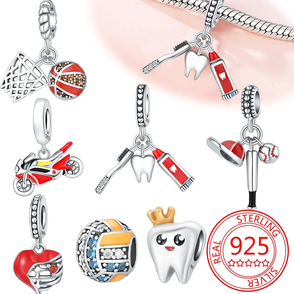 925 Sterling Silver Healthy Teeth Toothbrush Charm Pendant Beads Fit Charms Original Bracelet for Women Jewelry Making