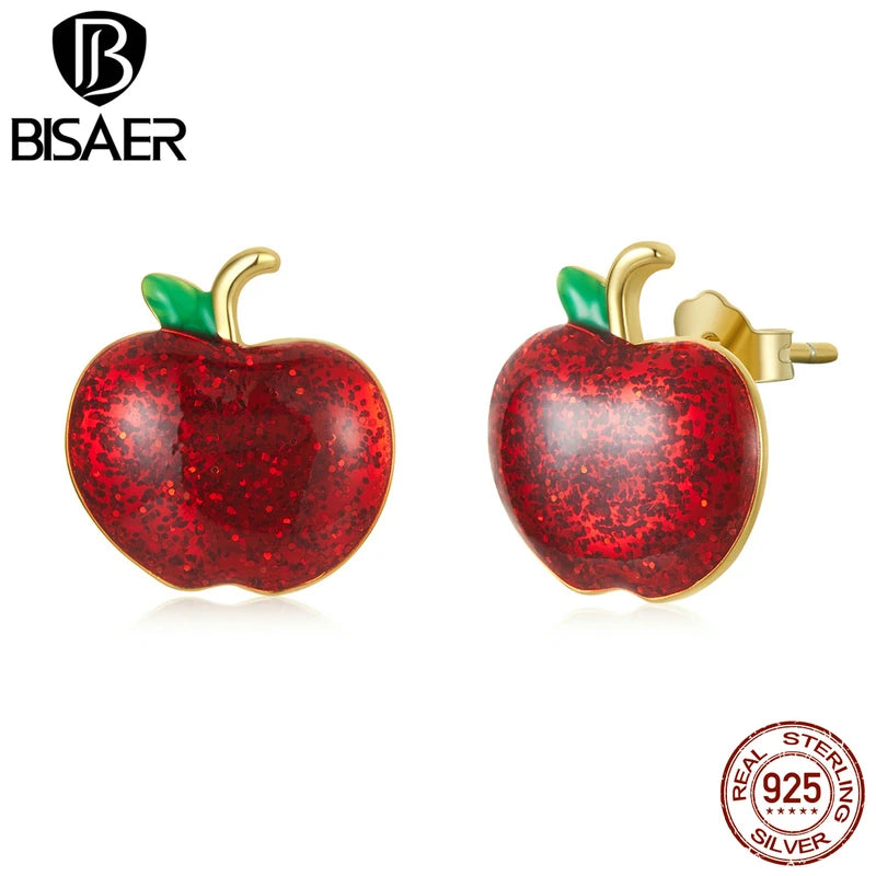 BISAER Boucles d'oreilles à tige en argent sterling 925 véritable avec pomme de Noël en émail pour femme, bijoux fins de fête, cadeau de vacances