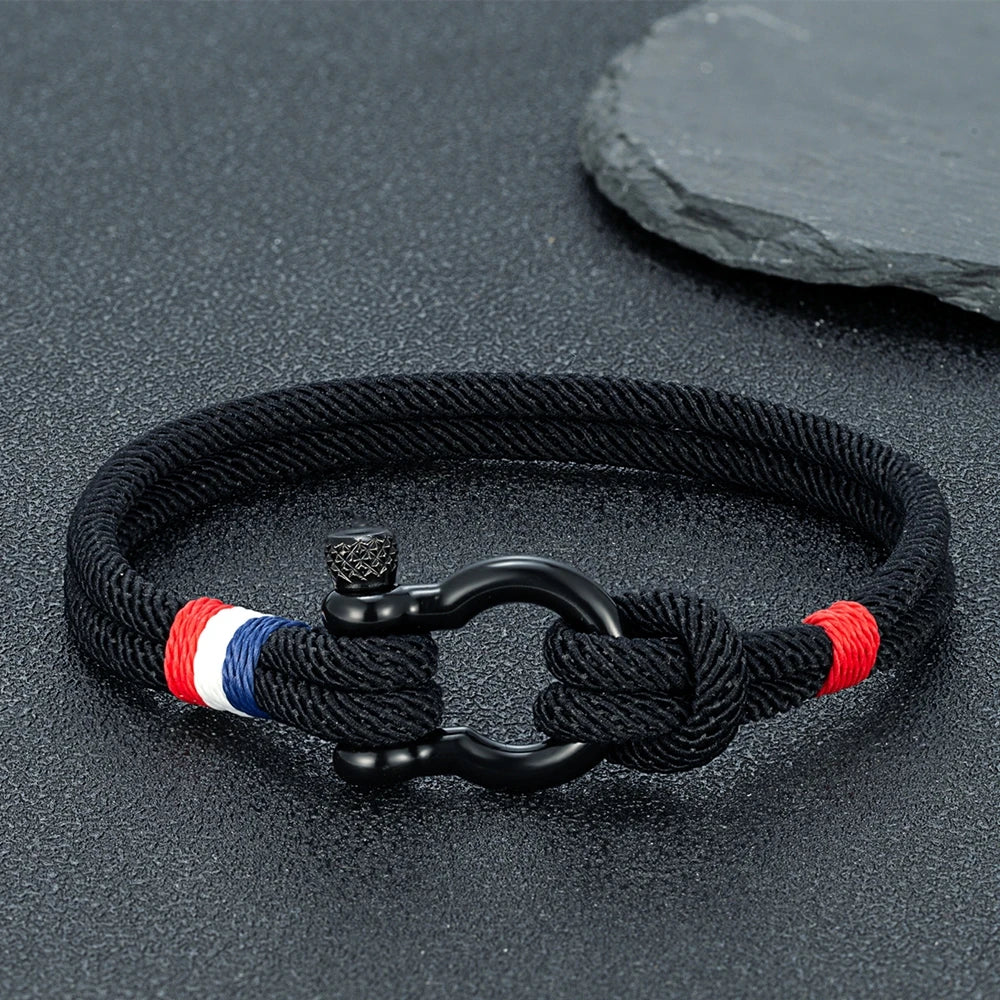 MKENDN New Black Stainless Steel Shackle Buckle Men Women Handmade Woven Double-Layer Design France Flag Couple Jewelry Gifts - Madeinsea©
