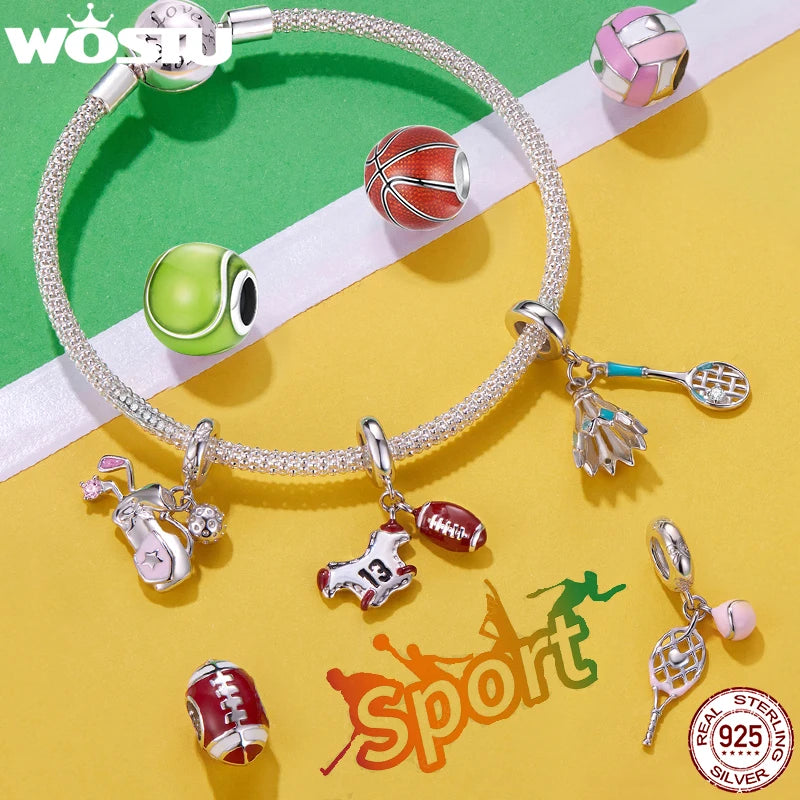 WOSTU 925 Silver Sports Series Charm Pendants Golf Badminton Rugby Basketball Volleyball Beads DIY Gift For Sport Player Family