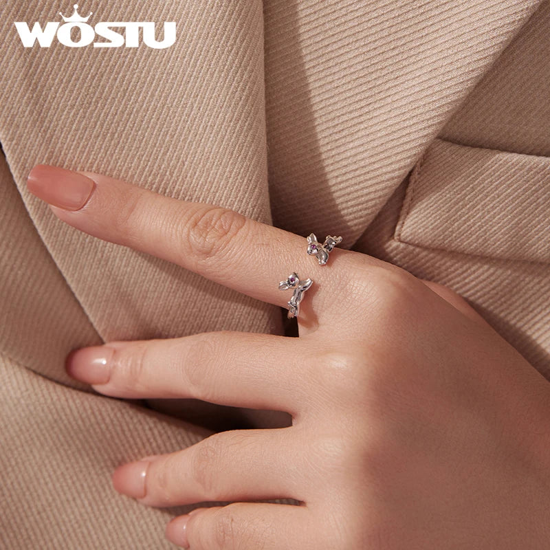 WOSTU Double 3D Rabbit Ring with Rose Red Eyes, Real 925 Sterling Silver Open Adjustable Animal Open Rings Cute Dainty Jewelry