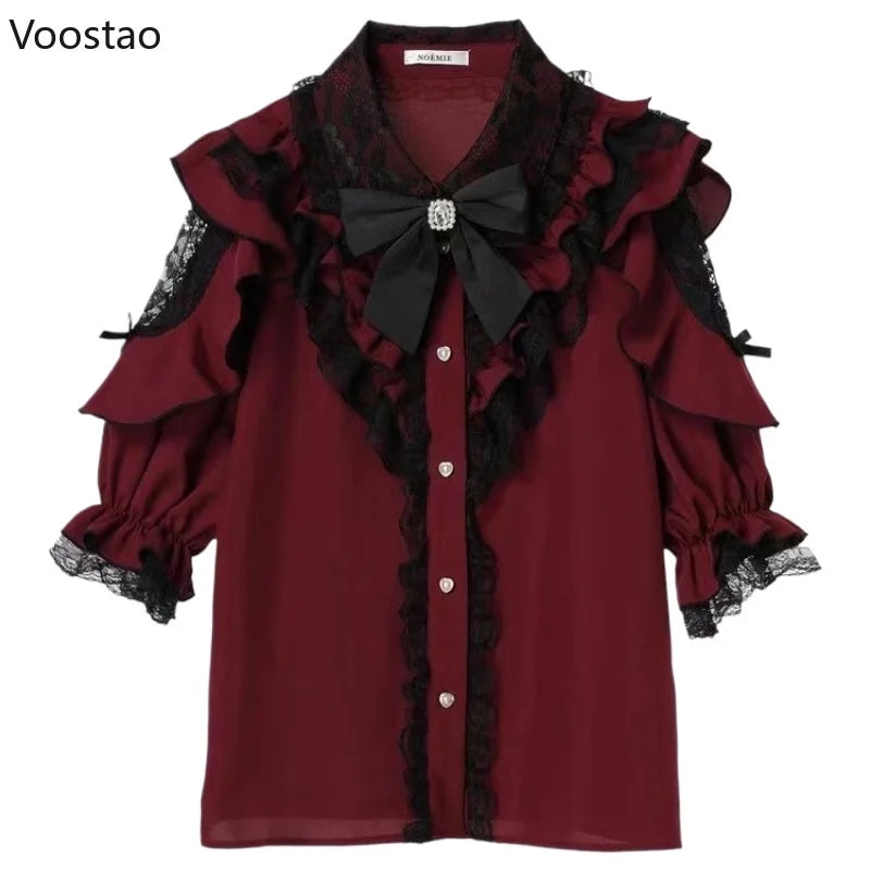 Japanese Gothic Lolita Style Bow Shirts Women Sweet Y2k Lace Ruffles Short Sleeve Blouses Tops Summer Female Vintage Punk Blusas