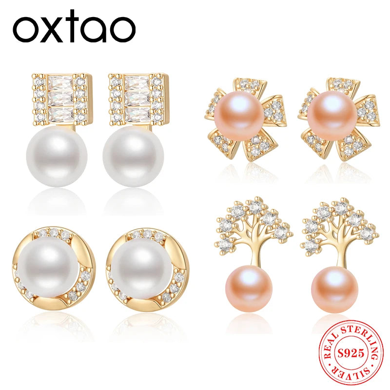 OXTAO Trendy Freshwater Pearl Stud Earrings Daily Wear Jewelry Valentine's Day Girlfriend Birthday Wedding Anniversary Gift