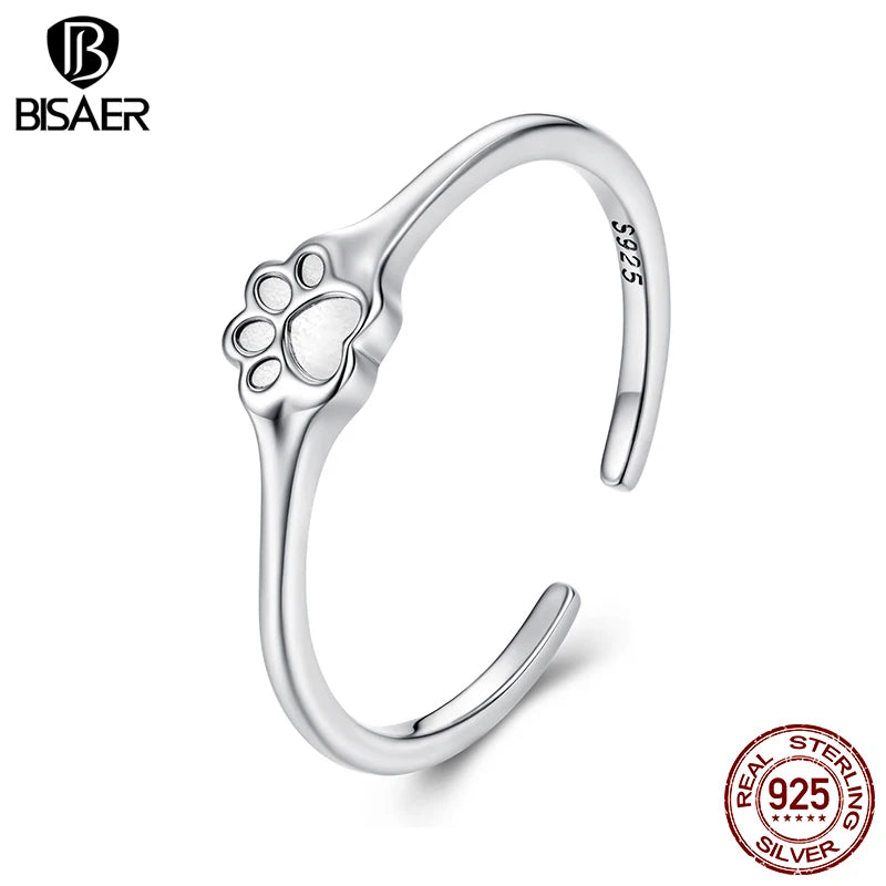 BISAER 925 Sterling Silver Cute Pet Paw Open Ring Adjustment Size 5-9 Band for Women Party Original Fine Jewelry ECR1125-E