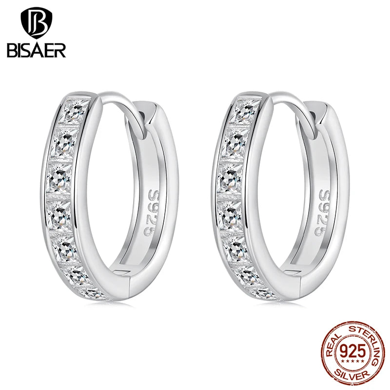 BISAER Real 925 Sterling Silver Square Sparkling Hoop Earring Round Circle Cubic Zirconia Stud Ear For Woman Party Fine Jewelry