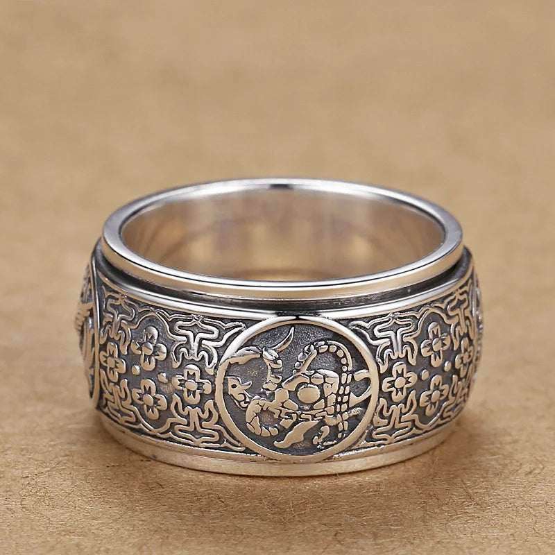 Drehbarer Ring mit mächtigen Tieren für Männer, Schmuck, dominanter Retro-Schnitzring mit Blumenmotiv, Geburtstagsgeschenk für Männer und Freunde, viele Größen