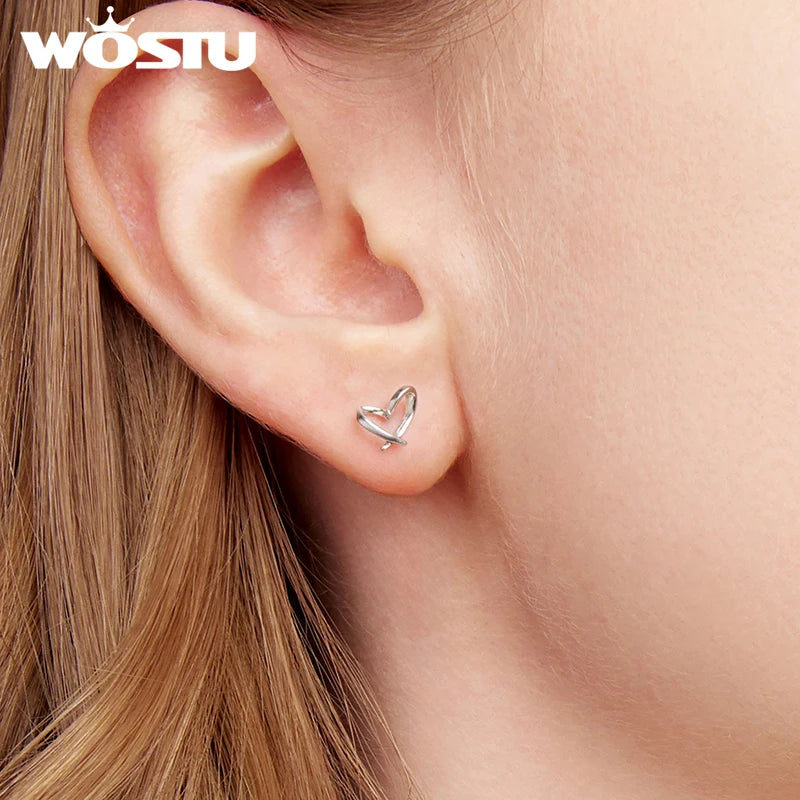 WOSTU 925 Sterling Silver Mini Heart Stud Earrings For Women , Simple Wedding Hollow Earrings for Women Minimalism Jewelry Gift