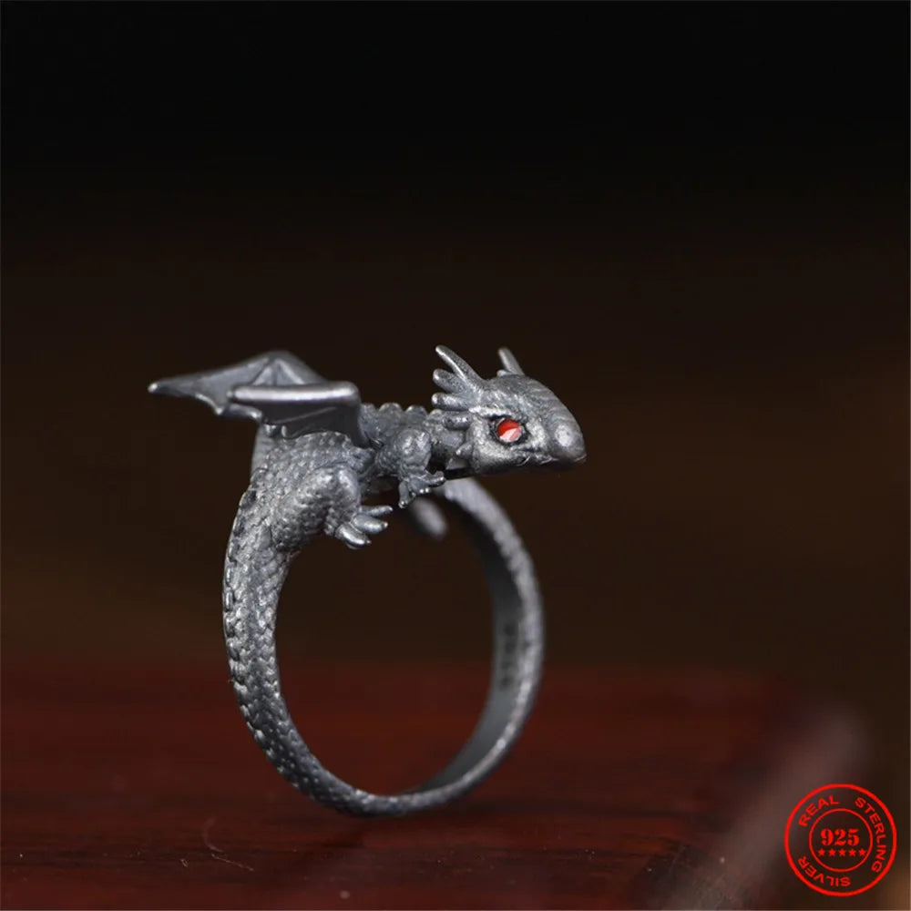 MKENDN Vintage 100% 925 Sterling Silver Red Eyes Chameleon Ring With Wings For Men and Women Gothic Street Hip Hop Punk Jewelry