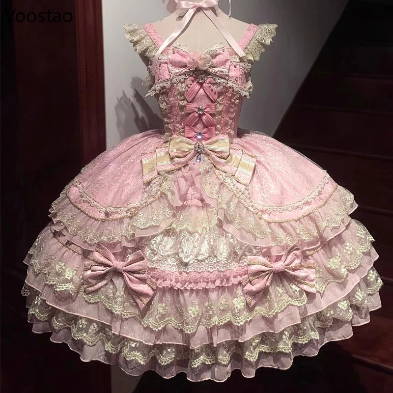 gothic pink dress Victorian Gothic Lolita Jsk Dress Women Luxury Elegant Lace Ruffles Bo