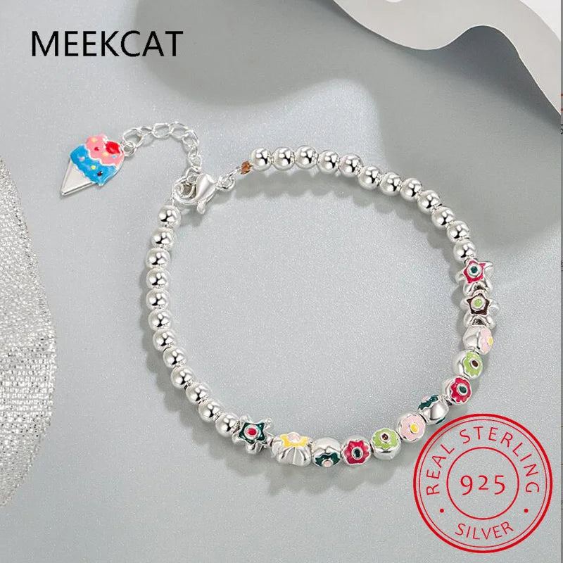 Handmade Bohemian 925 Sterling Silver Flower Rainbow Enamel Beads Chain Ice Cream Charm Bracelet Pulseiras For Women Girl Gift