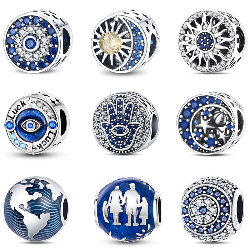 Genuine 925 Silver Evil Eye Blue Zircon Round Lucky Charms Beads Fit Pandach 925 Original Bracelets Fine DIY Birthday Jewelry