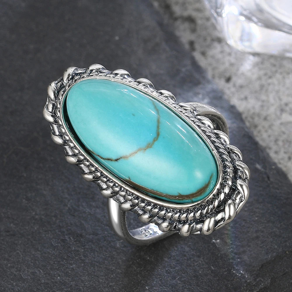 Vintage Sterling Silver 925 Big Stone 11*25mm Natural Turquoise Ring Retro Design Fine Jewelry Gifts Finger Ring For Women