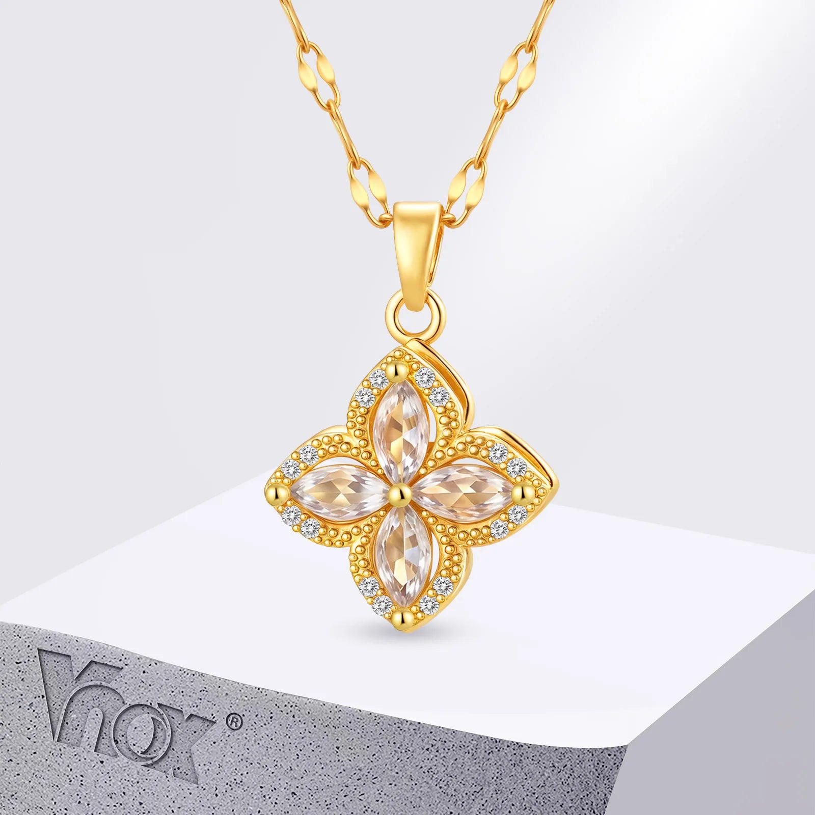 Vnox Stainless Steel Lip Chain Pendent Necklace Zircon Four Leaf Flower Rotatable Necklace For Women Charm Neck Jewelry Gift