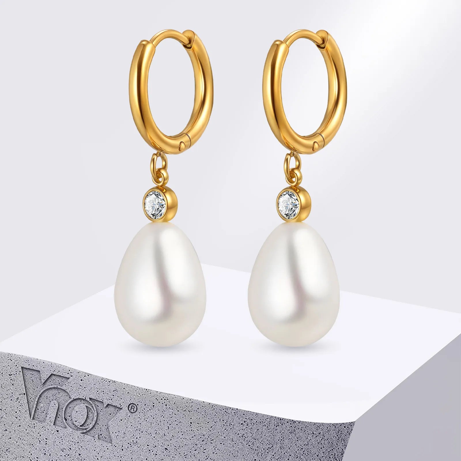 Vnox Charm Geometry Pearl Orchid Drop Earrings For Women Stainless Steel Hoop Classic Ear Jewelry Wedding Party Gift Earring