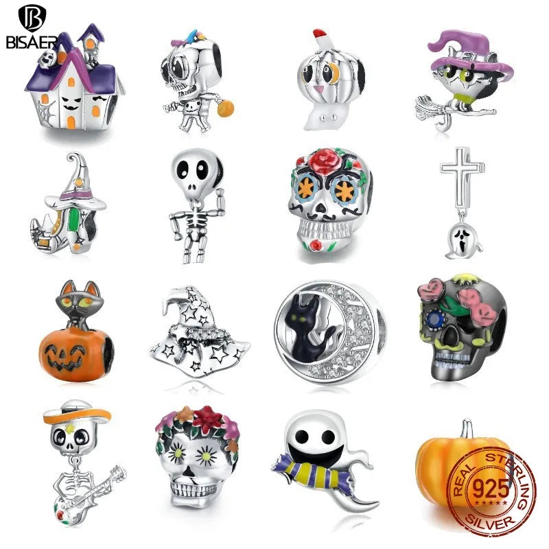 BISAER Halloween Series 100% 925 Sterling Silver Charm Skull Ghost Pumpkin Witch Bead pour Femme Bracelet Fine Jewelry ECC1955