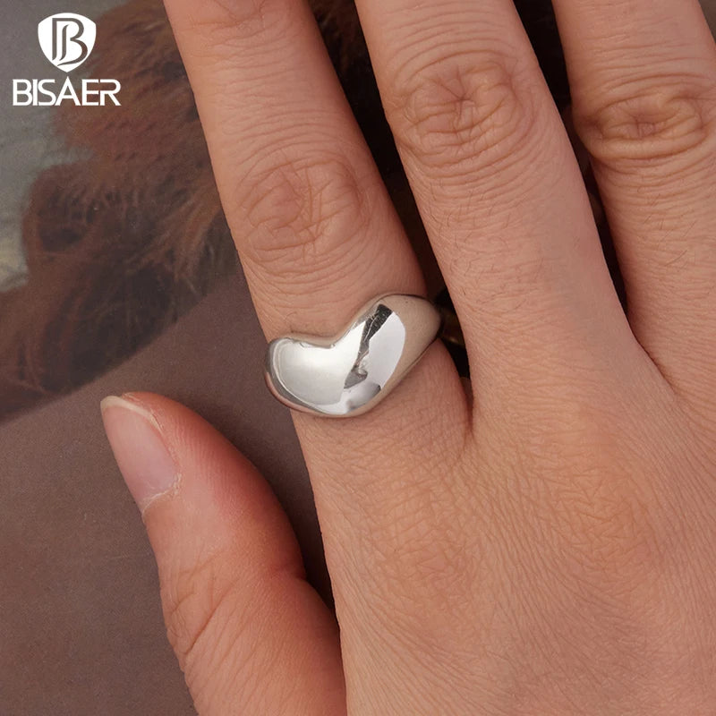 BISAER Solid 925 Sterling Silver Heart Open Ring Metal Statement Band Adjustable Size 5-9 for OL Women Party Fine Jewelry EFR679