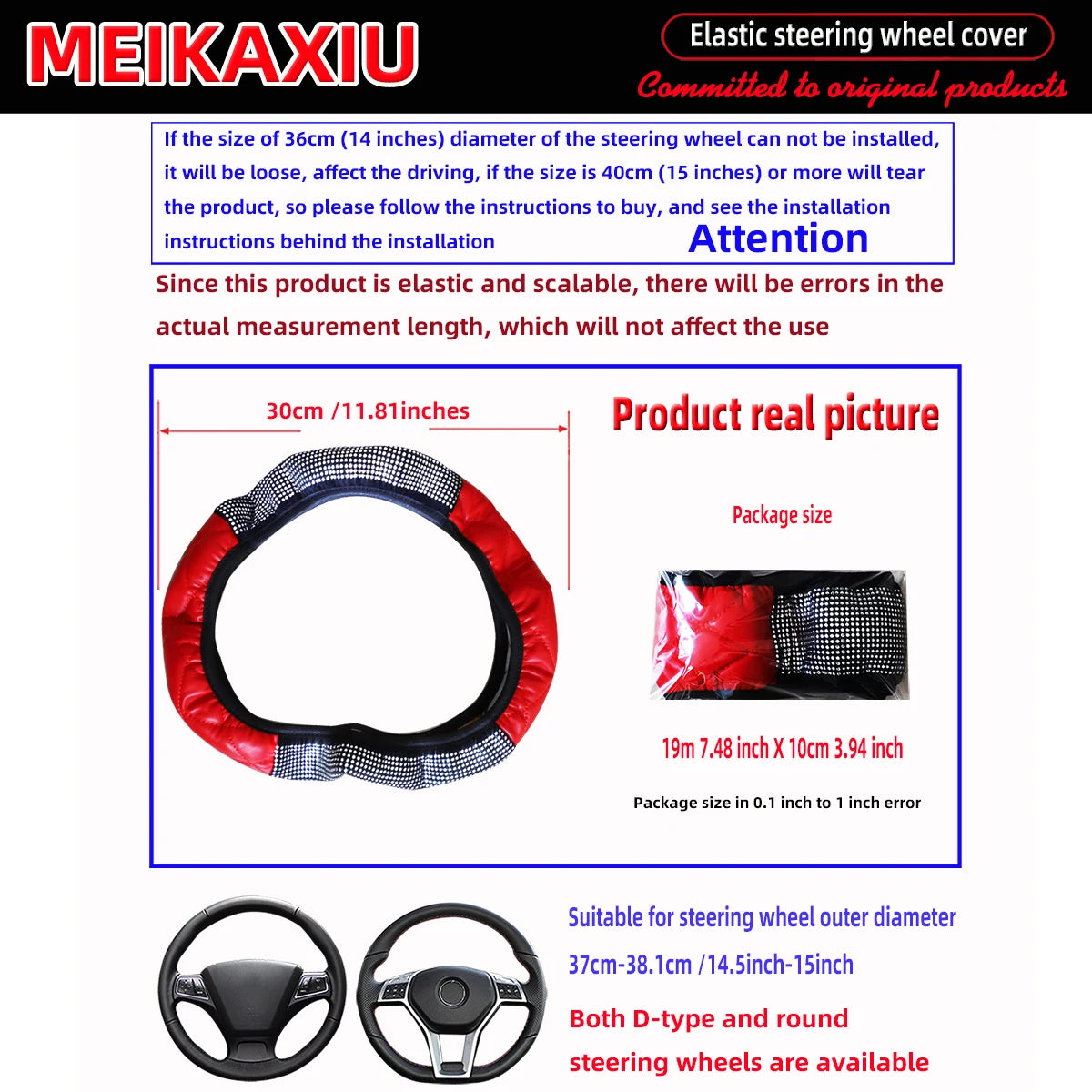Soft PU leather diamond-encrusted sparkling car steering wheel cover without inner ring, suitable for women of 38cm15inch
