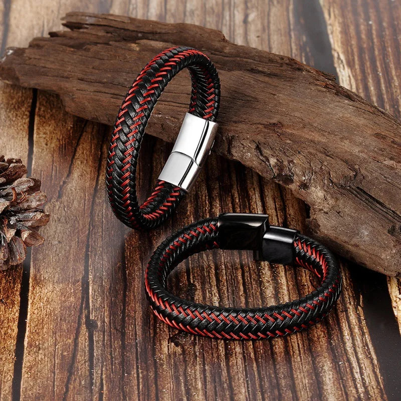 Leather Cord Bracelet Stainless Steel Leather Braided Bracelet Genuine Leather Bracelet Red Bracelet Men'S Cowhide Jewelry - Madeinsea©