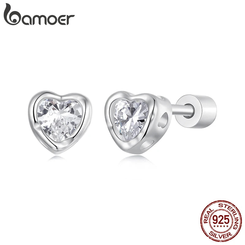 BAMOER 925 Sterling Silver Classic Heart CZ Stud Earrings for Women, White Gold Plated Hypoallergenic Solitaire Earrings BSE1103