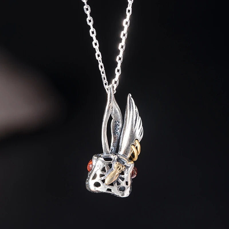 MKENDN 100% 925 Sterling Silver Punk Rock Long Ears Red Eyes Rabbit Pendant For Necklace Men Women Fashion Accessories Jewelry
