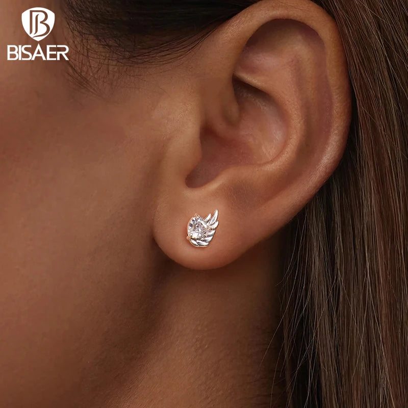 BISAER Real 925 Sterling Silver Wing Stud Earrings Heart Zircon Hypoallergenic Earrings for Women Party Weedding Fine Jewelry
