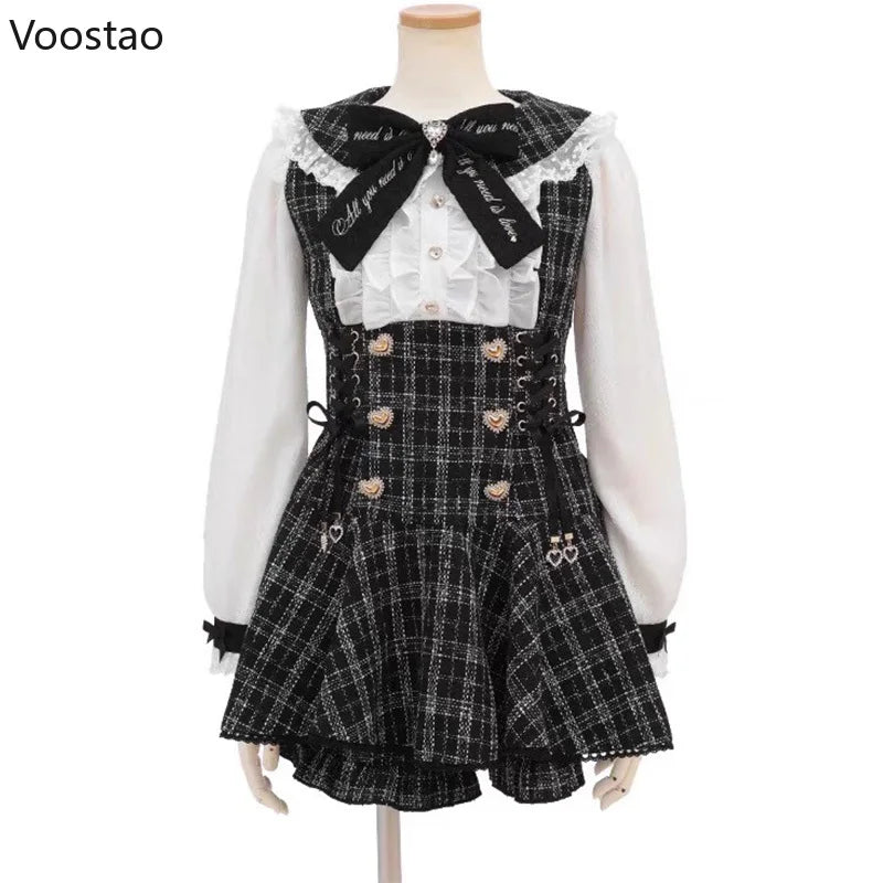 Japanese Gothic Y2k Lolita Rhinestone Bow Dress Shorts Set Women Harajuku Lace Ruffles Shirt Dress Lady Plaid Shorts 2 Piece Set