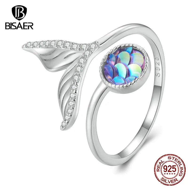 BISAER 925 Sterling Silber Meerjungfrau Fischschwanz offener Ring bunte Fischschuppen verstellbares Band für Frauen Strandparty edler Schmuck