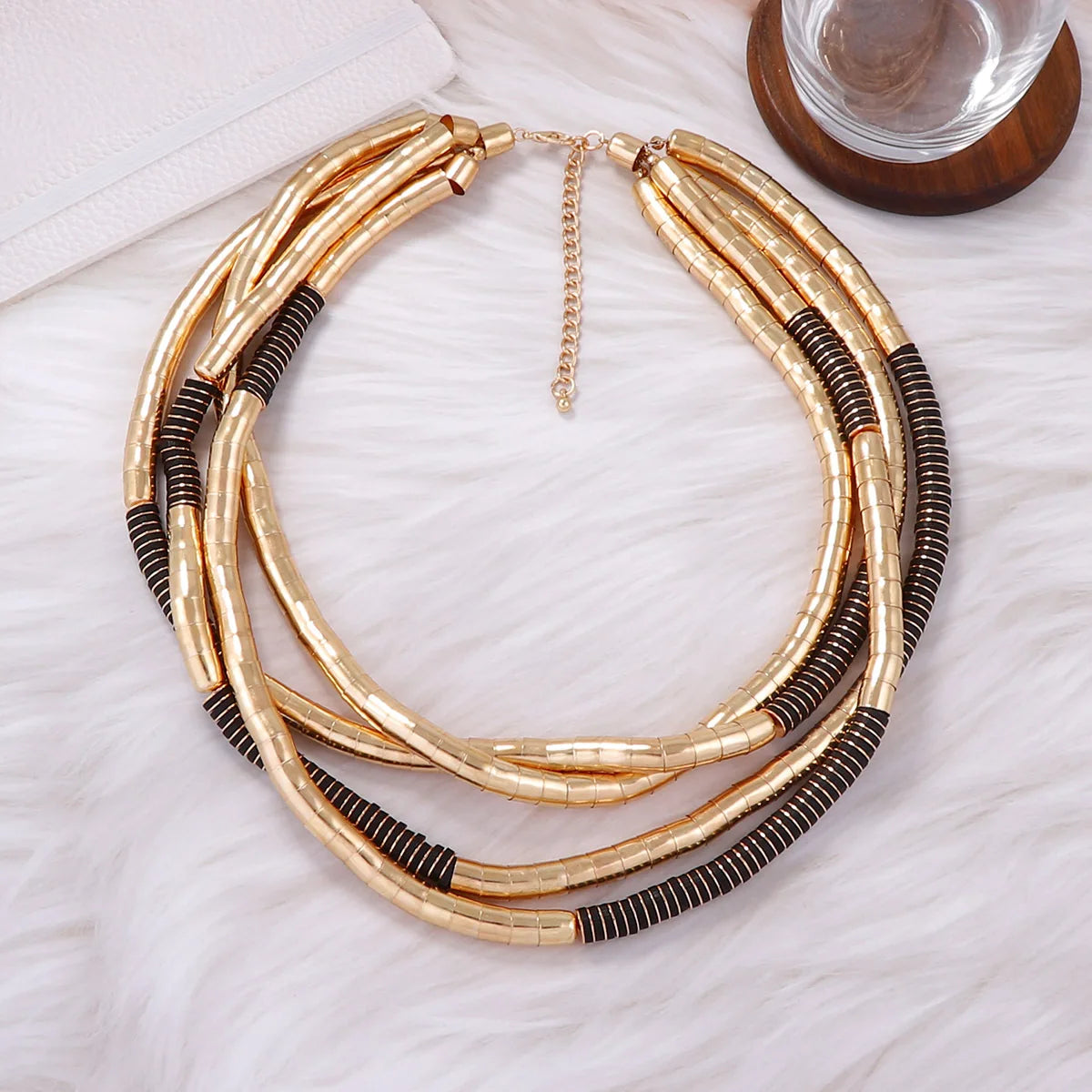 ZAA Personalized Retro Multi-layer Metal Bead Black Wood Necklace