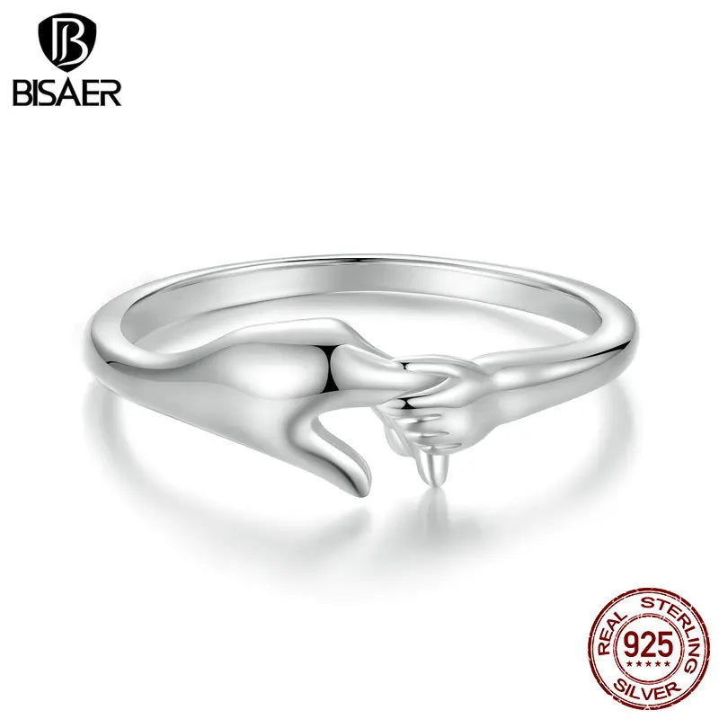 Bague de famille BISAER 100% argent sterling 925 main dans la main symbolise la bande plaquée or blanc pour femme fête bijoux fins ECR1069