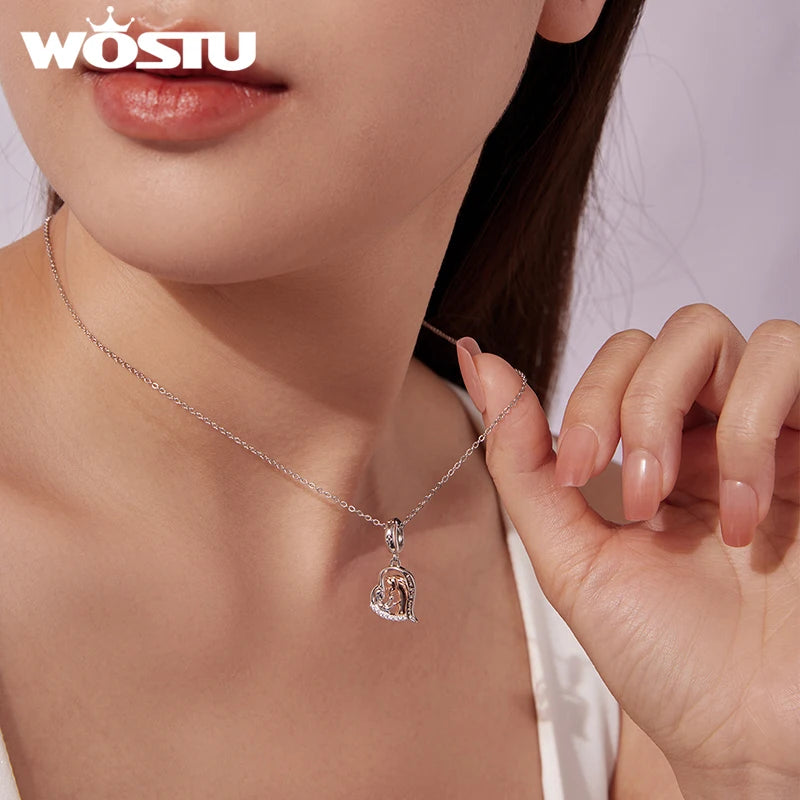 WOSTU 925 Sterling Silver Two-Tone Girl & Horse Charm Pendant For Women, Heart Bead Horse Lover Jewelry Family DIY Gift CTC1210