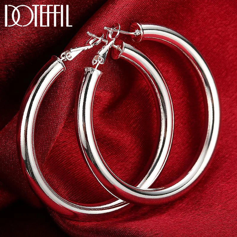 DOTEFFIL 925 Sterling Silver 50mm Round Smooth Big Circle Hoop Earrings For Woman Fashion Party Wedding Jewelry