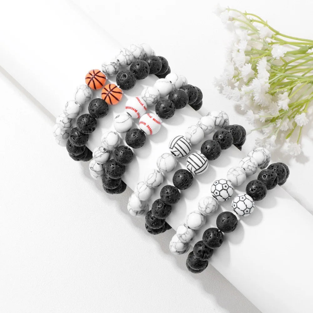 New 2Pcs Men Bracelet Set 10mm White Howlite Lava Stone Strand Braslet Basketball Football Baseball Braclet Handmade Pulseria